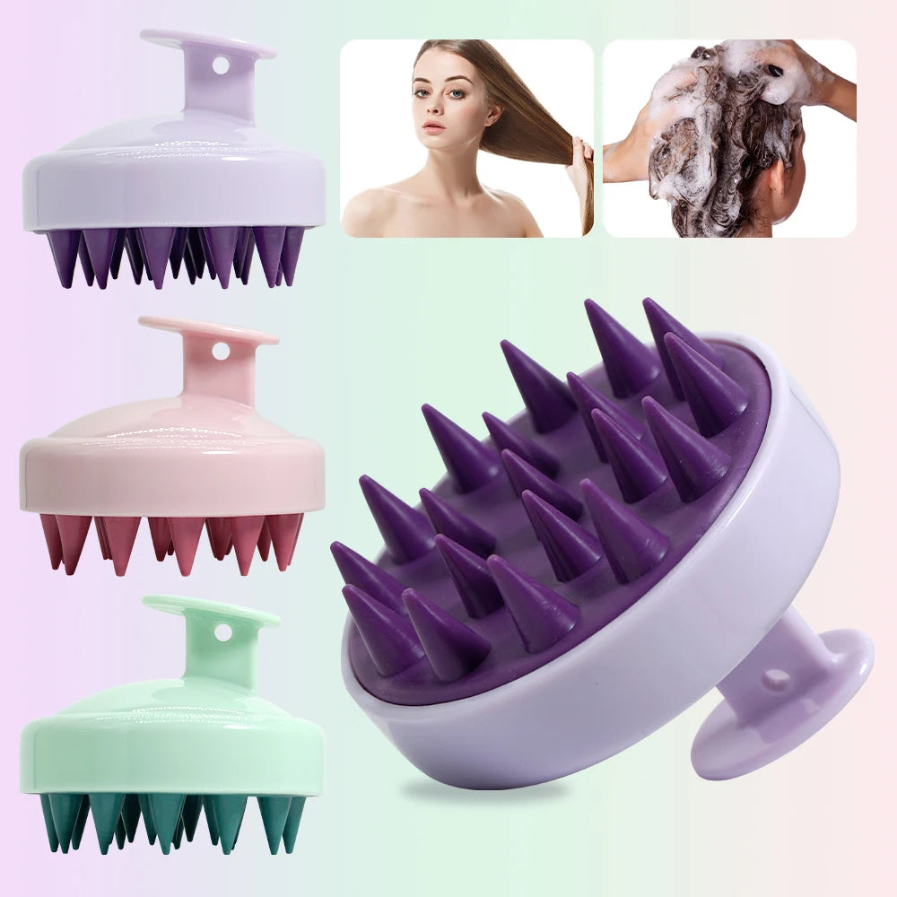 Collage of scalp massager with people using it and close-up shots on a light green background.