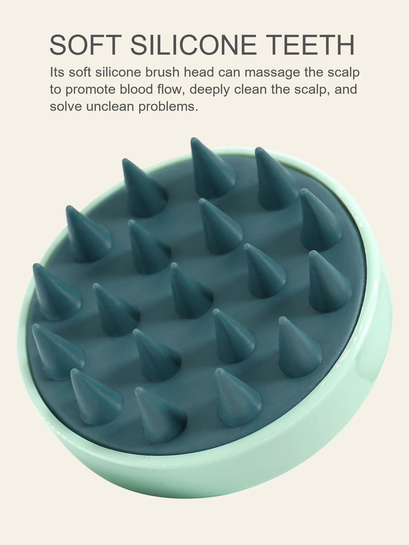 Silicone scalp massager with soft silicone teeth on a beige background